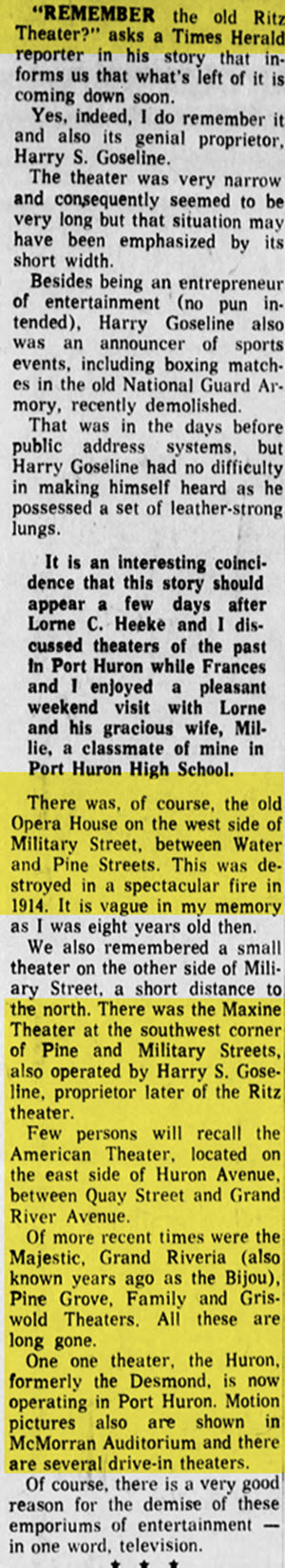 Maxine Theatre - Sun Dec 1969 Article About Port Huron Theaters